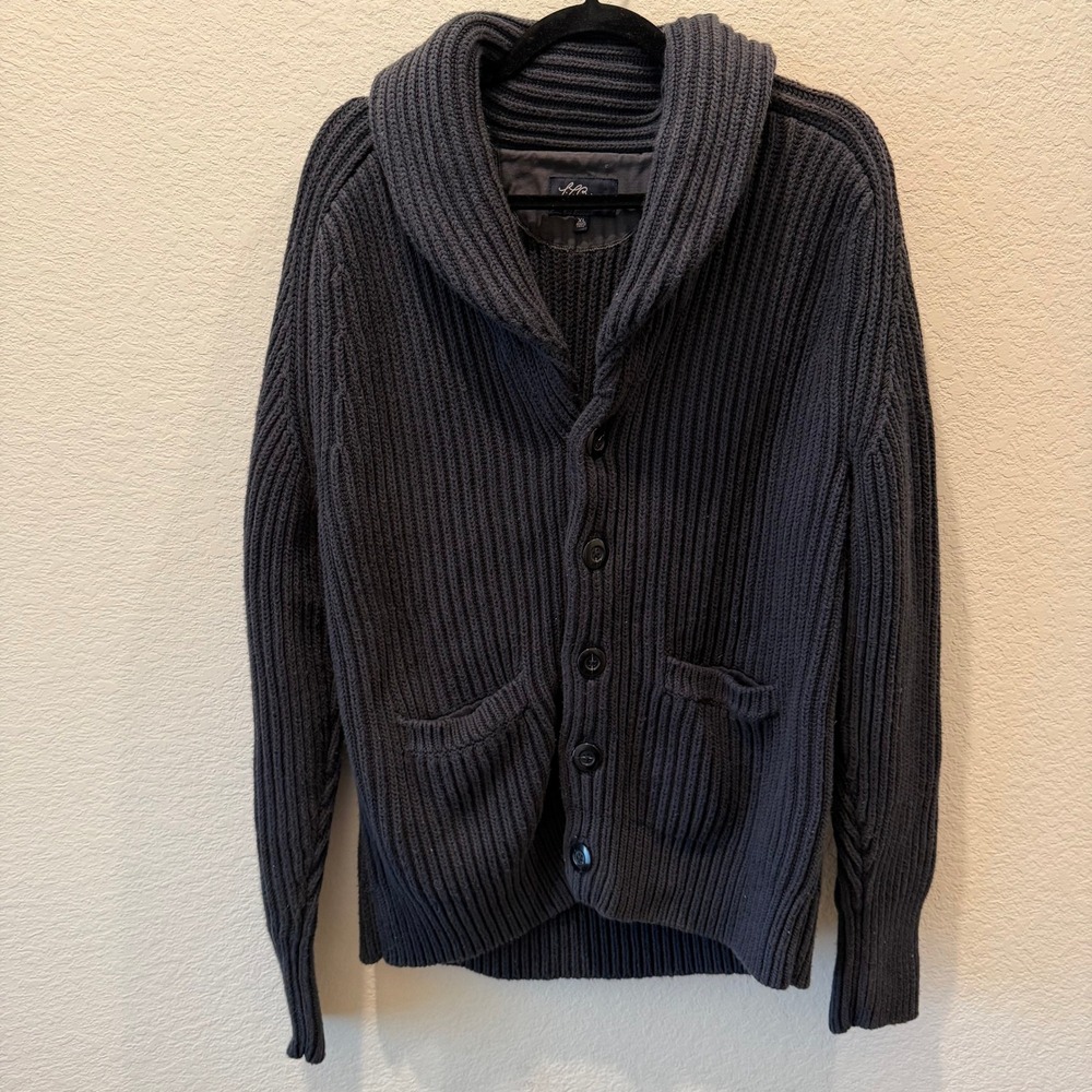 LL Bean Mens XL Navy Blue Ribbed Knit Shawl Collar Button Front Cardigan Sweater